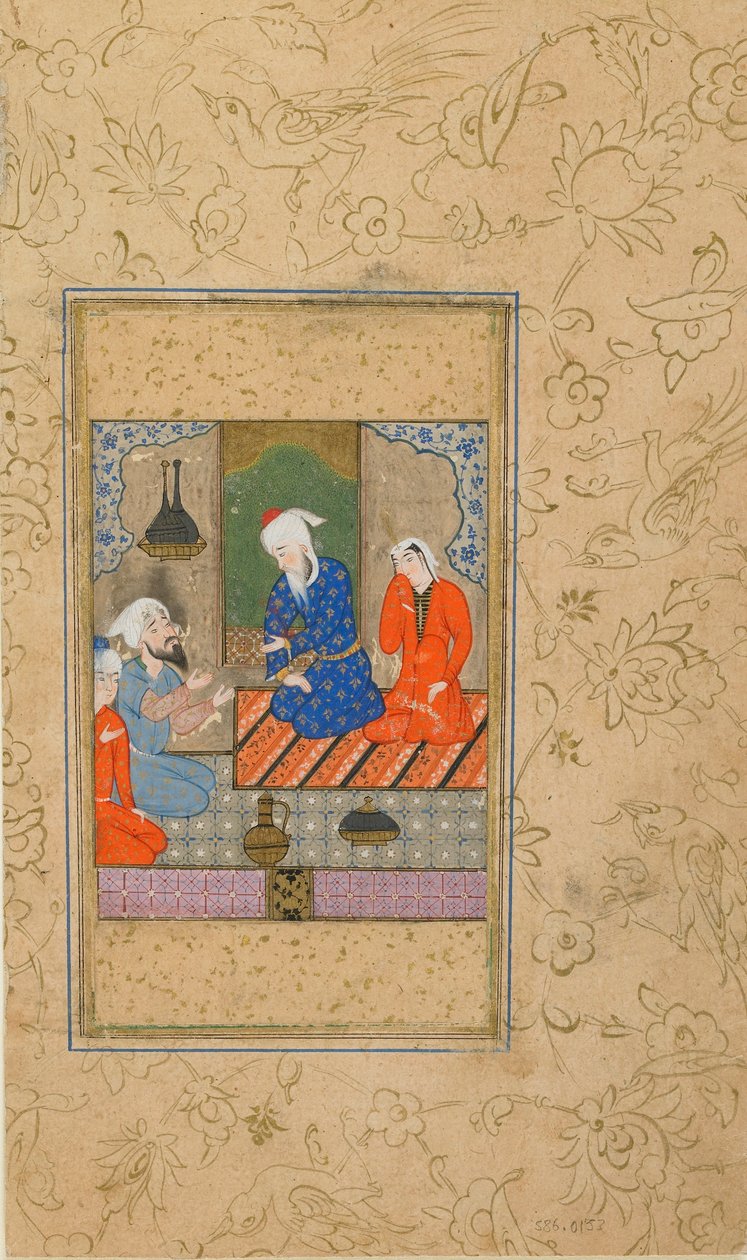 Folio uit Yusuf u Zulaykha door Jami; Zulaykha en een oudere man luisteren naar een gesprek door Persian School