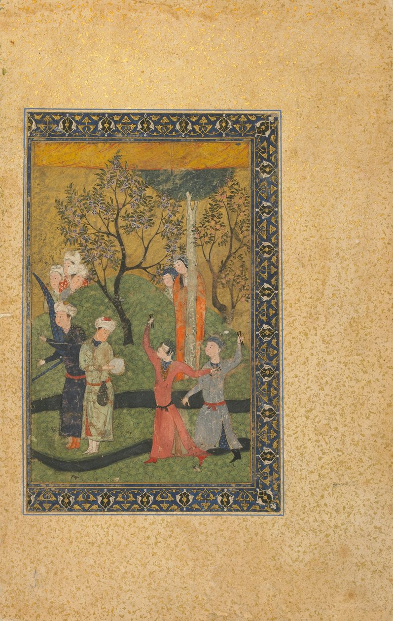Folio uit een onbekende tekst; Een prins en prinses omringd door hovelingen in een tuin, Iran, Turkoman periode, ca. 1480 door Persian School