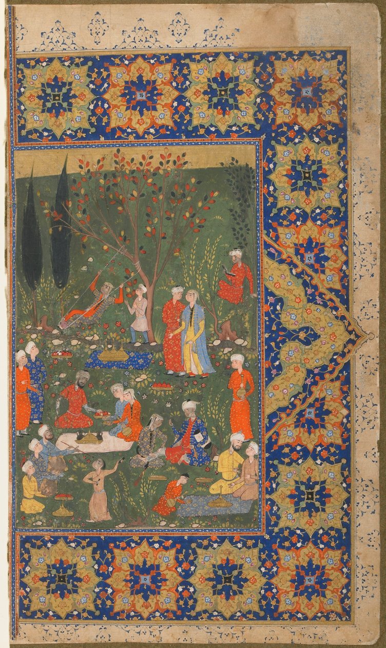 Folio uit een onbekende tekst; Een feest in een tuin door Persian School