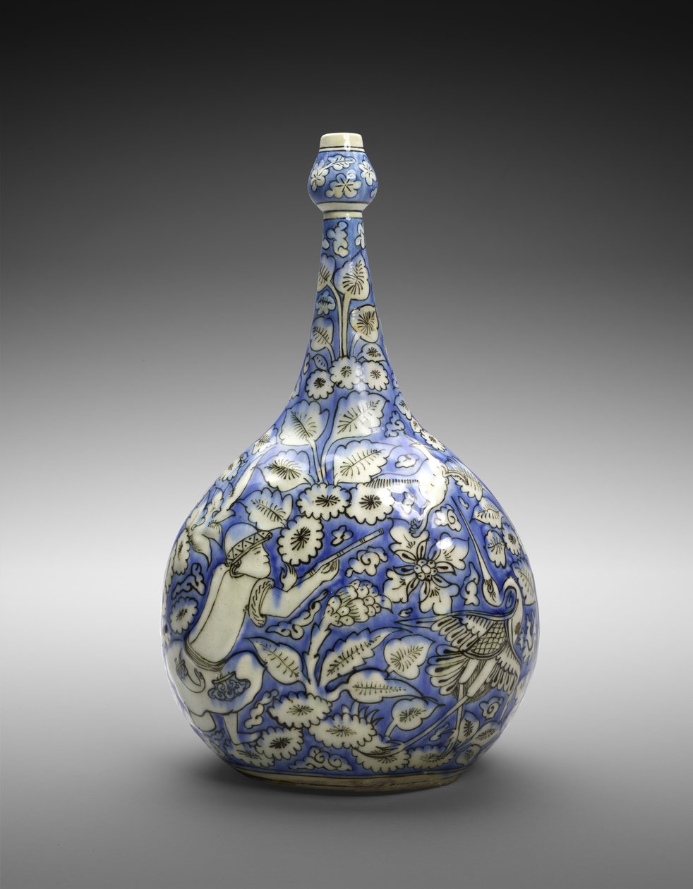 Fles met figuur en bloemen, midden 17e eeuw door Persian School