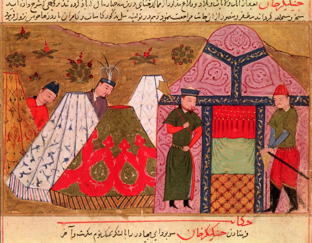 Het Kamp van Dzjengis Khan (c.1162-1227) uit een boek door Rashid al-Din (1247-1318) door Persian School