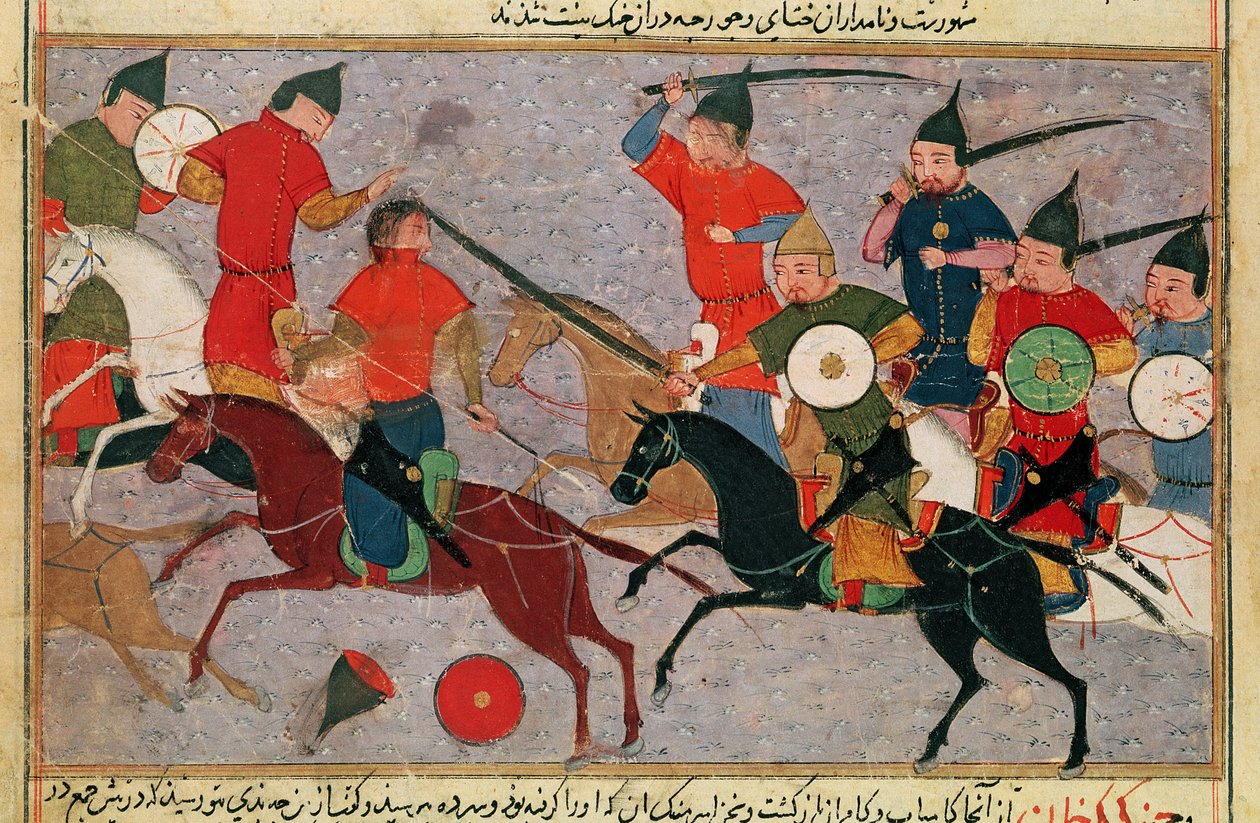Ms Pers.113 f.49 Genghis Khan (c.1162-1227) in de strijd, uit een boek door Rashid-al-Din (1247-1318) door Persian School