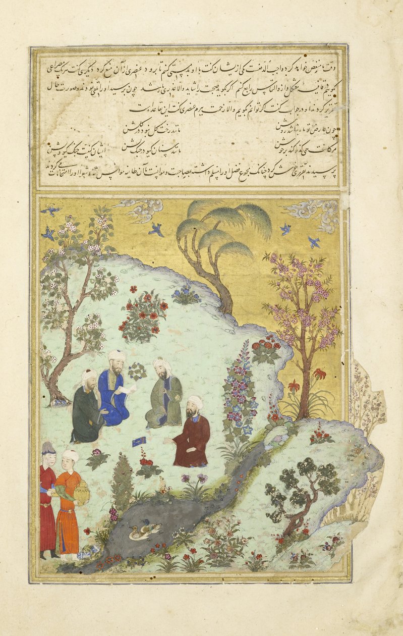 Firdausi ontmoet de hofdichters van Ghazni, illustratie uit de Shahnama (Boek der Koningen) door Persian School