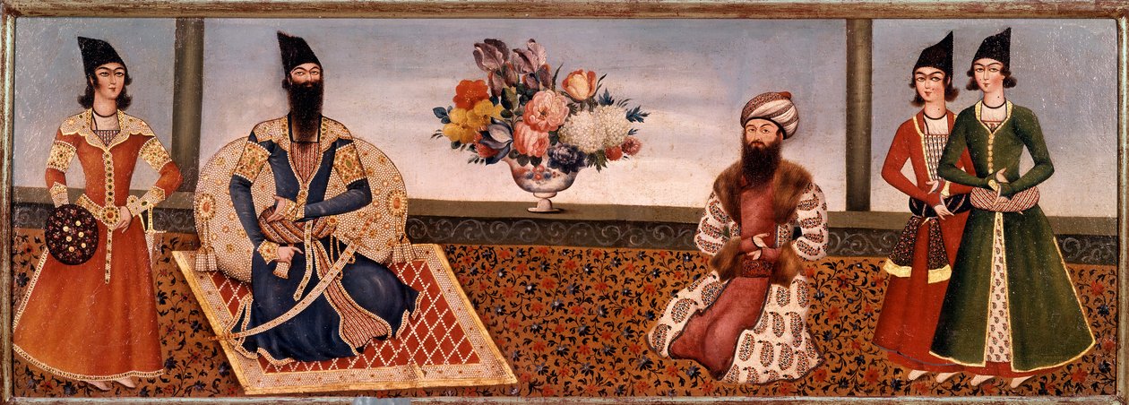 Perzische koning Fath Ali Shah (1771-1834) omringd door leden van zijn hof. Schilderij van de Shiraz School (19e eeuw) Teheran, Foroughi Collectie door Persian School