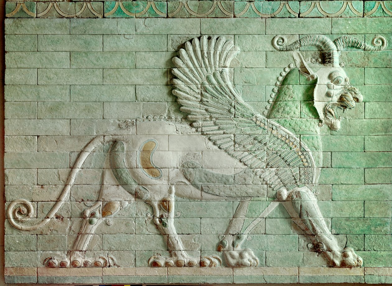 Perzische periode rouenide (Iran): laag reliëf in geëmailleerde baksteen die een griffioen voorstelt. Uit het paleis van Darius I (550-486 v.Chr.), koning van Perzië in Susa. 510 v.Chr. Parijs, Louvre Museum door Persian School
