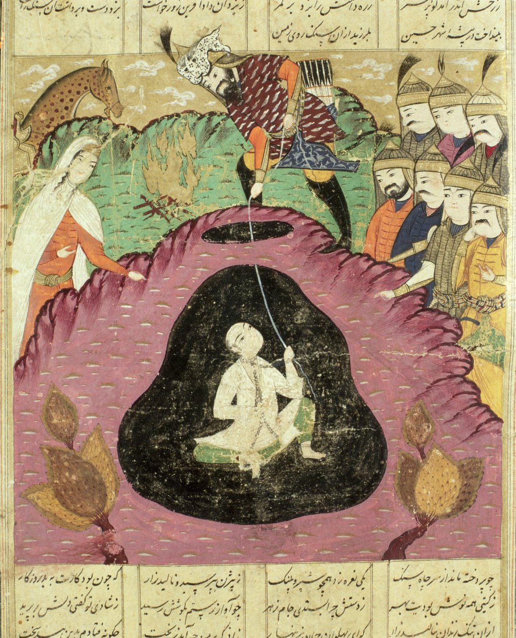 Rostam trekt Bijan uit de grot, illustratie uit de Shahnama (Boek der Koningen) door Persian School