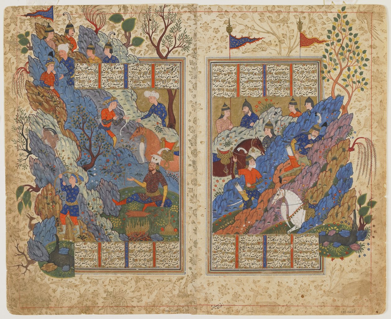 Rustam trapt de steen terug die door Bahman op hem werd gerold uit een Shahnama (Boek der koningen), c.1590-1600 door Persian School