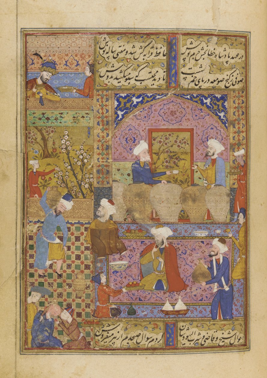 Scène in een taverne uit een Divan van Hafiz door Persian School
