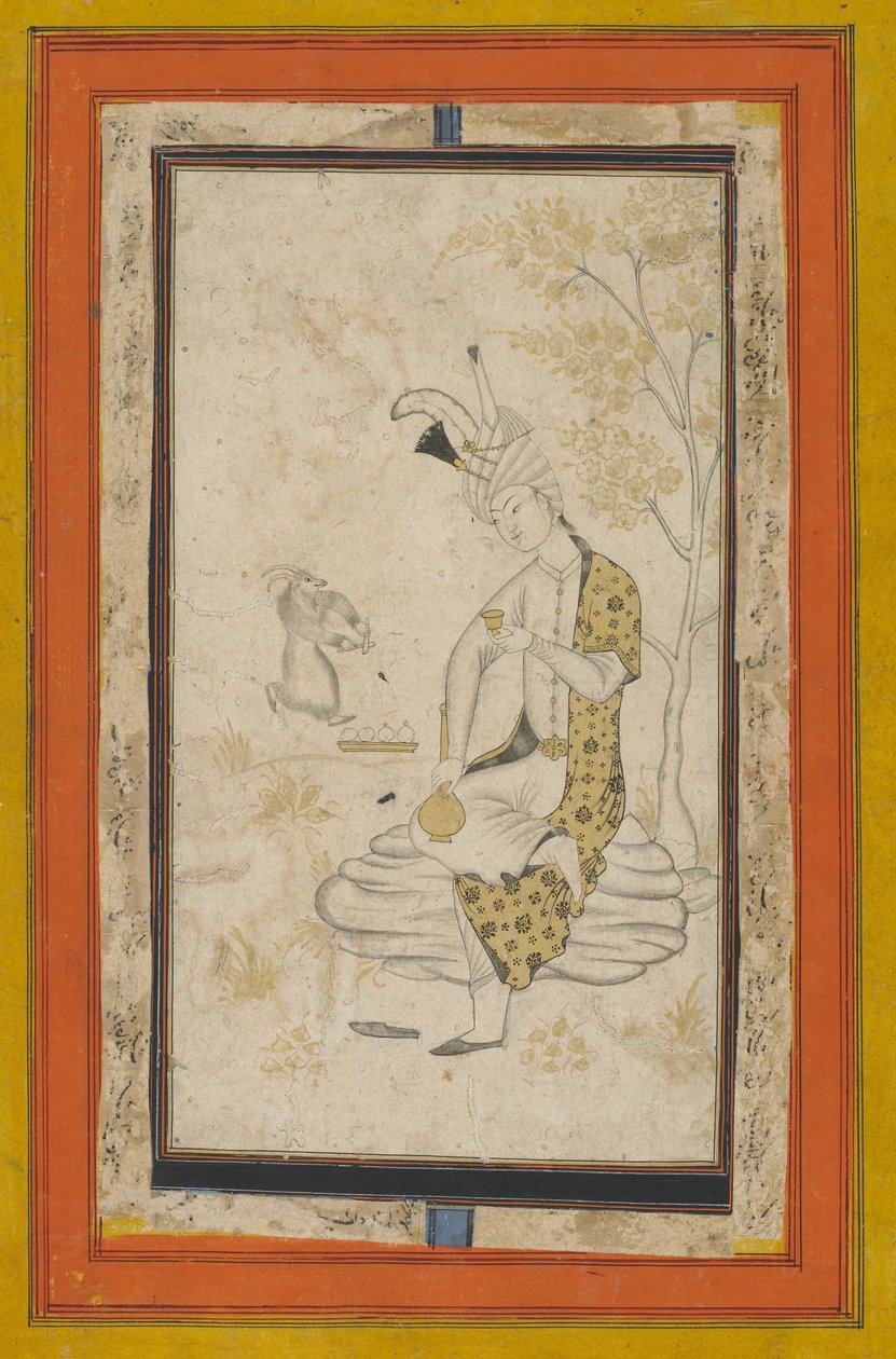 Shah Tahmasp I zittend op rots, Safavid-dynastie door Persian School