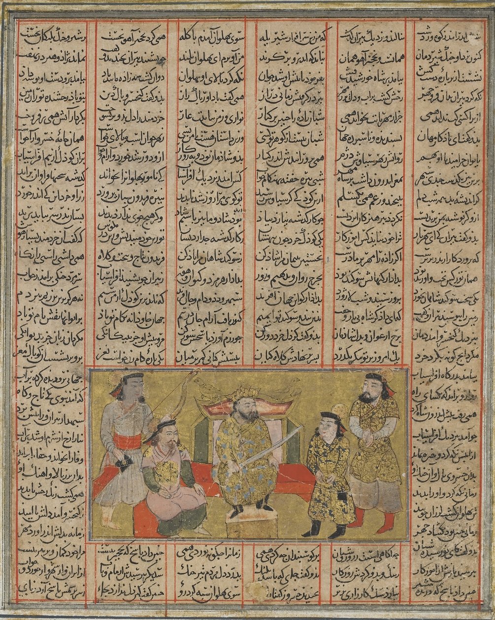 De paladijn Piran presenteert de jonge Khusraw aan Afrasiyab, uit een Shahnama (Boek der Koningen) door Firdawsi (gest. 1020) door Persian School