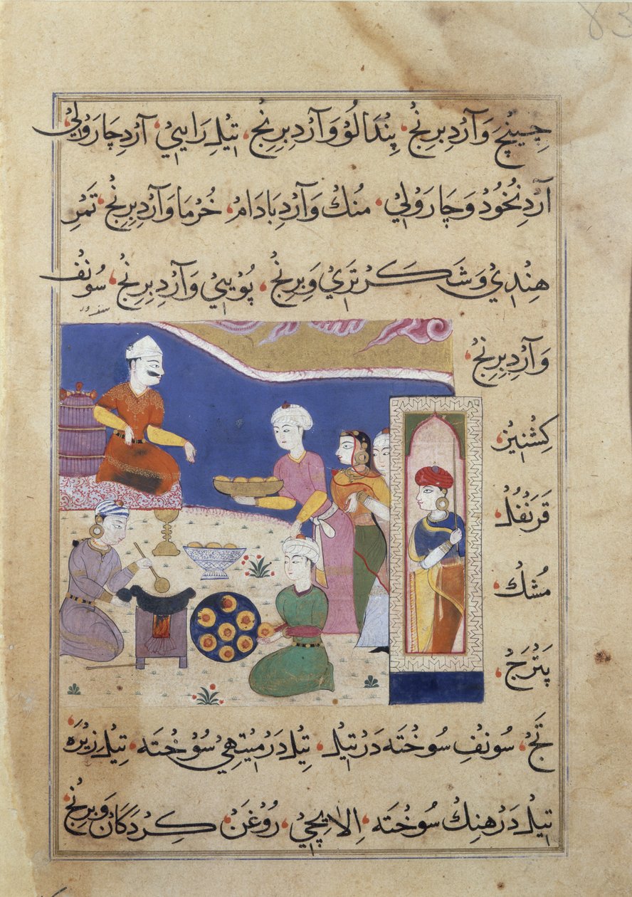 Bereiding van zoetigheden voor de Sultan van Mandu, uit een manuscript over Indiase kookkunst door Persian School