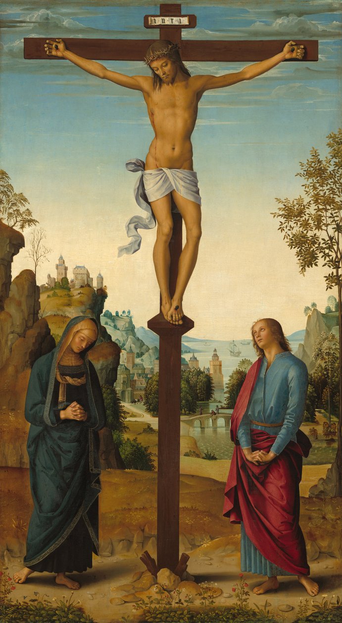 De kruisiging met de Maagd, Sint Jan, Sint Hiëronymus en Sint Maria Magdalena, c. 1482-1485 door Perugino