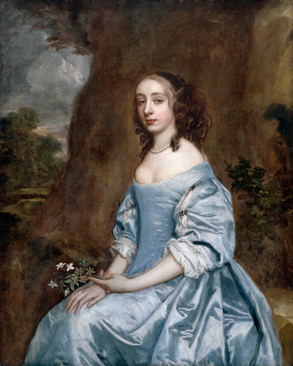 Portret van een dame in blauw met een bloem door Peter Lely