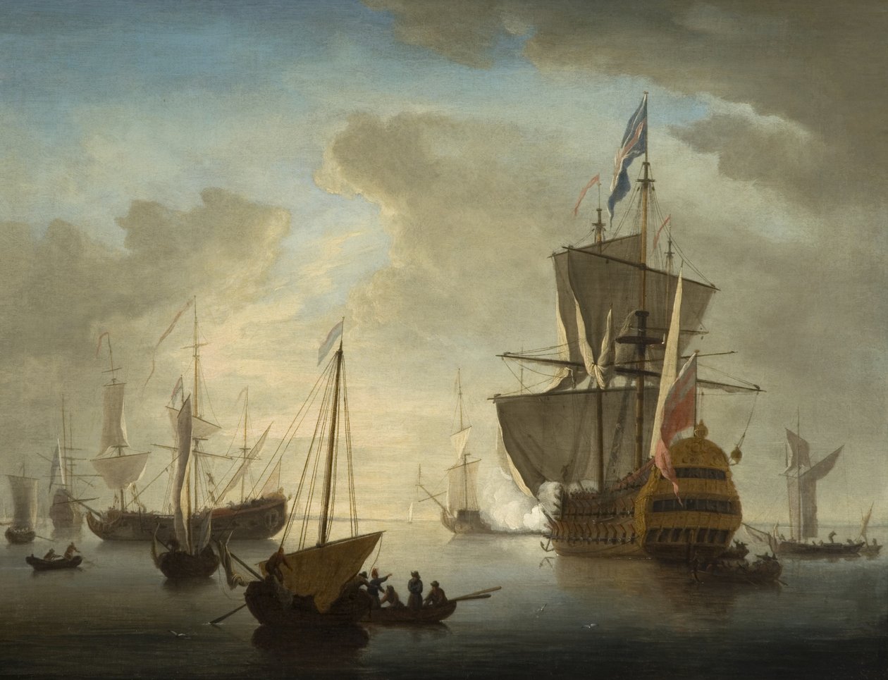 Britse Man-o-War vuurt een saluut door Peter Monamy