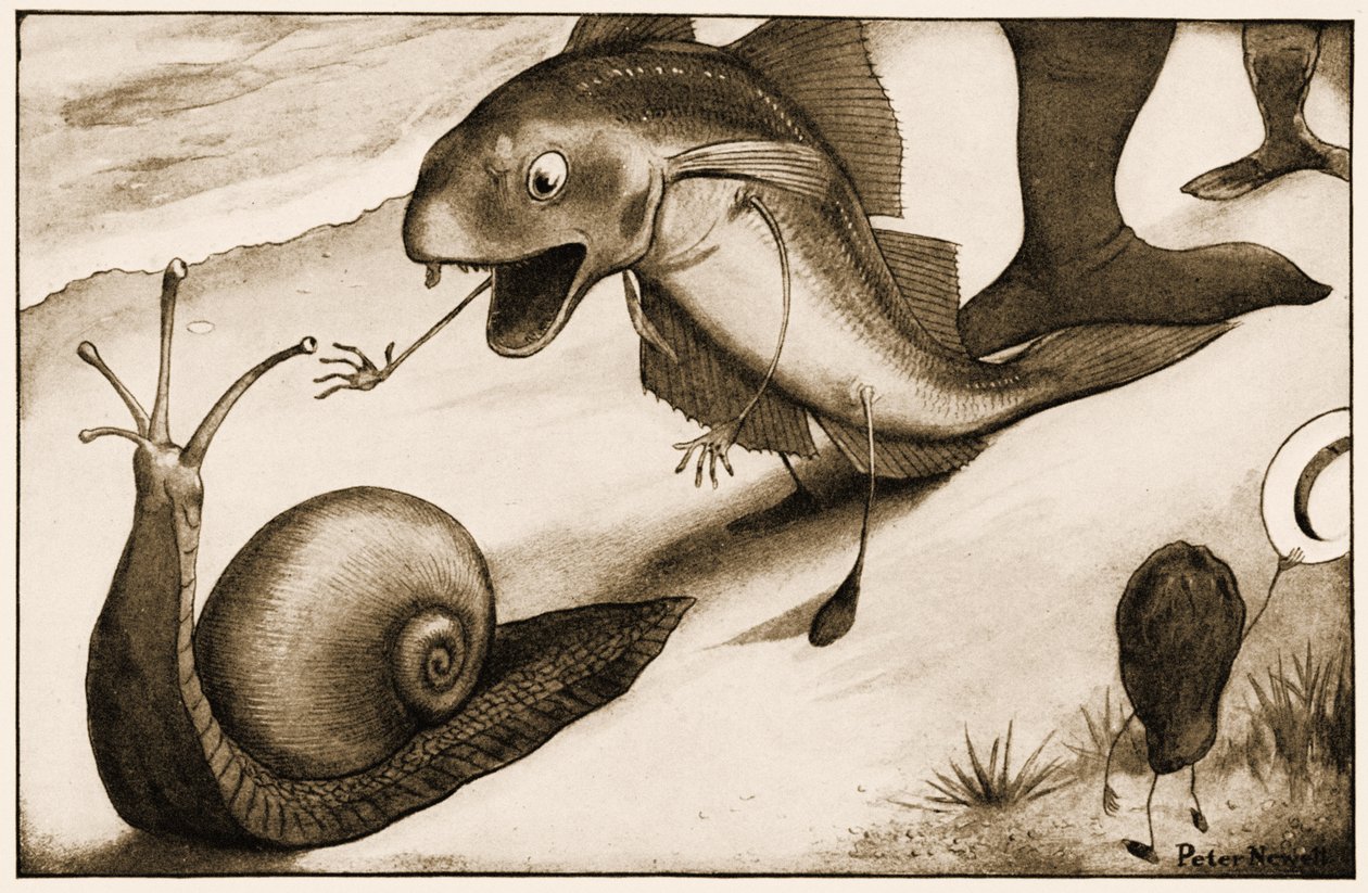 "Wil je iets sneller lopen?", zei een Wijting tegen een Slak, illustratie voor Lewis Carroll
