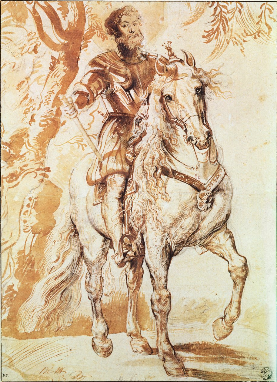 Een bereden ridder in harnas door Peter Paul Rubens