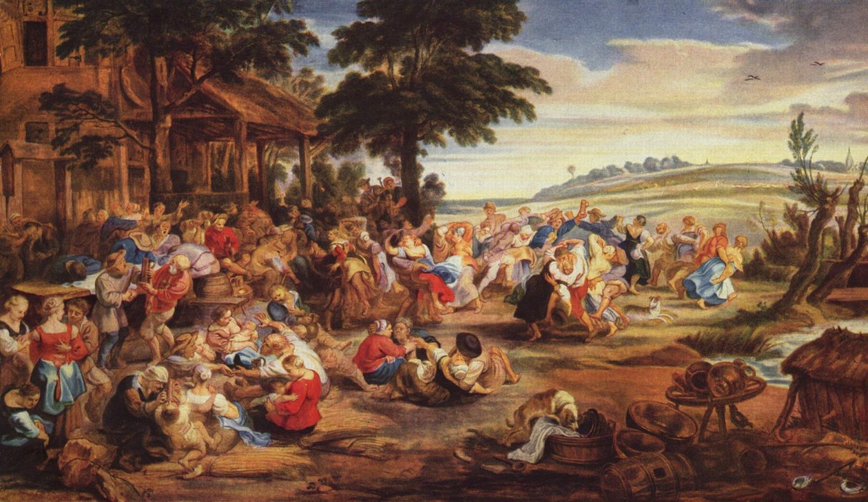 Feestende en dansende boeren door Peter Paul Rubens