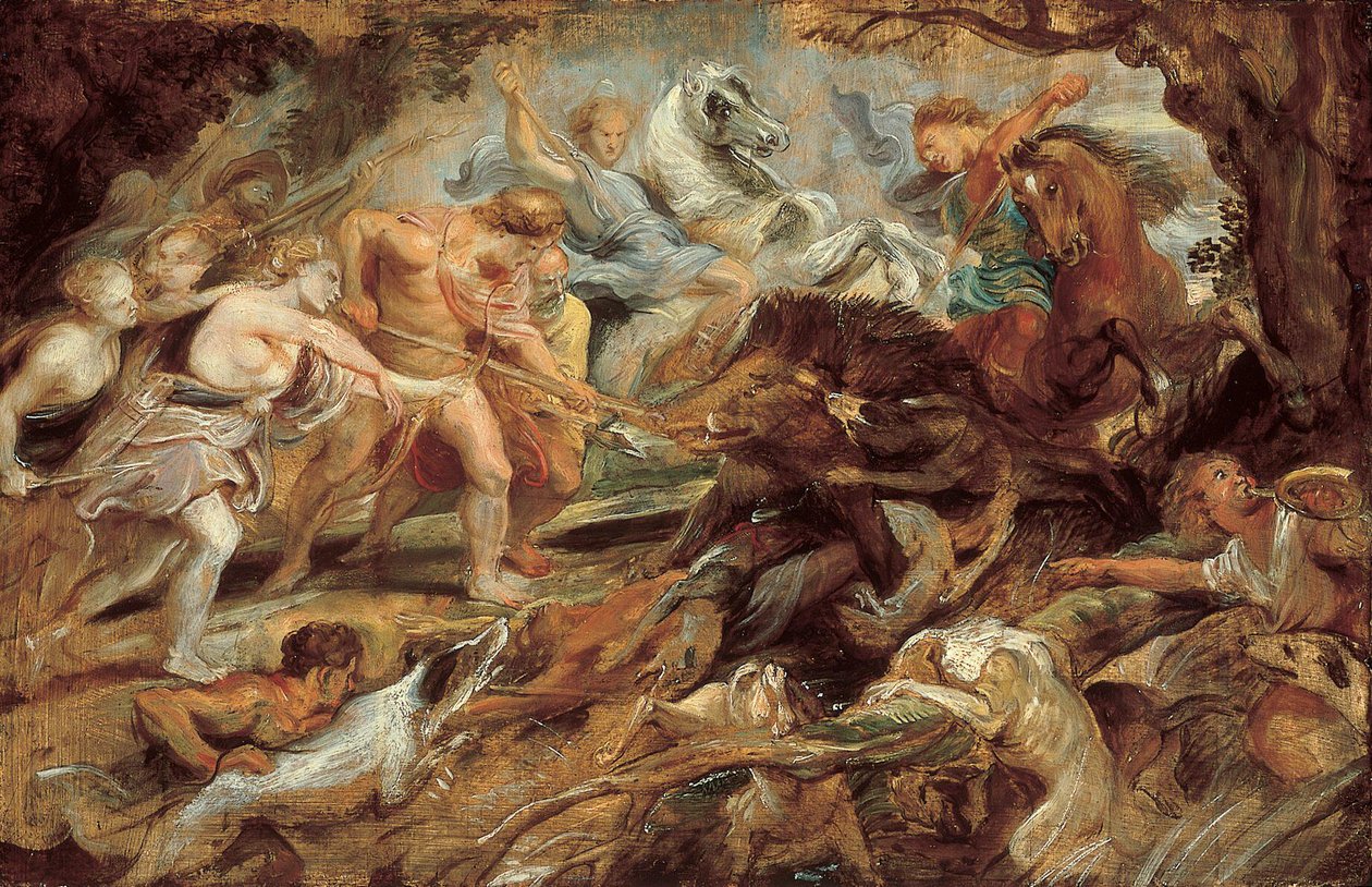 Meleager en Atalanta en de jacht op het Calydonische everzwijn, studie (Norton Simon Museum) door Peter Paul Rubens