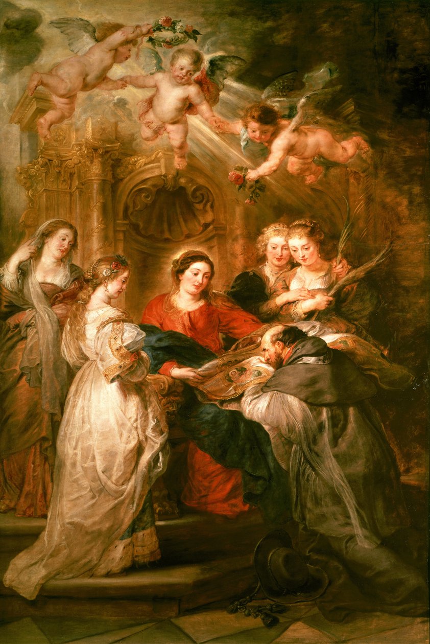 Altaarstuk van St. Ildefonso, centraal paneel met de Maagd Maria die een liturgisch gewaad presenteert aan St. Ildefonso, ca. 1630-32 door Peter Paul Rubens
