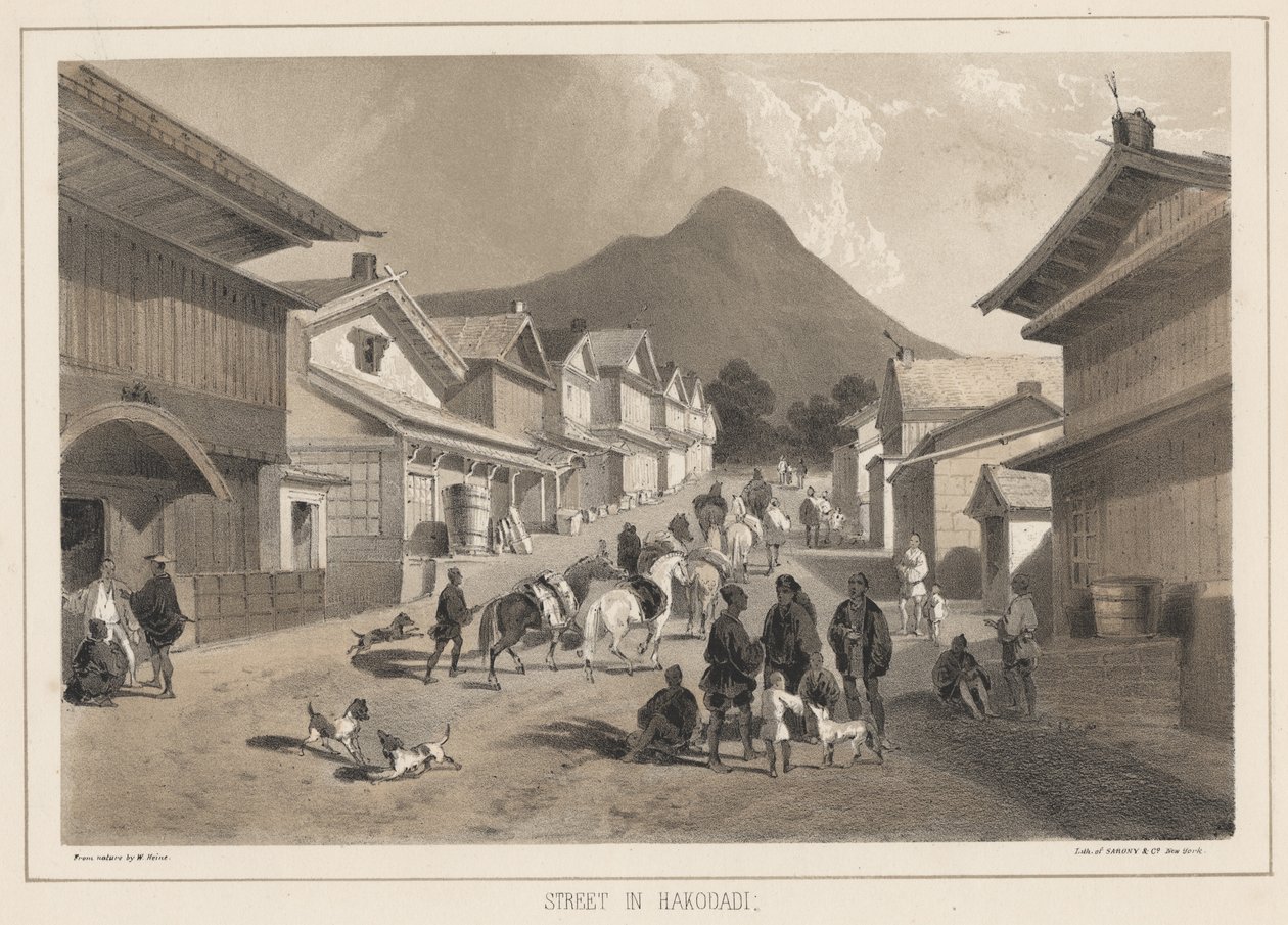 Straat in Hakodadi, litho door Sarony und Co., 1855 door Peter Bernhard Wilhelm Heine