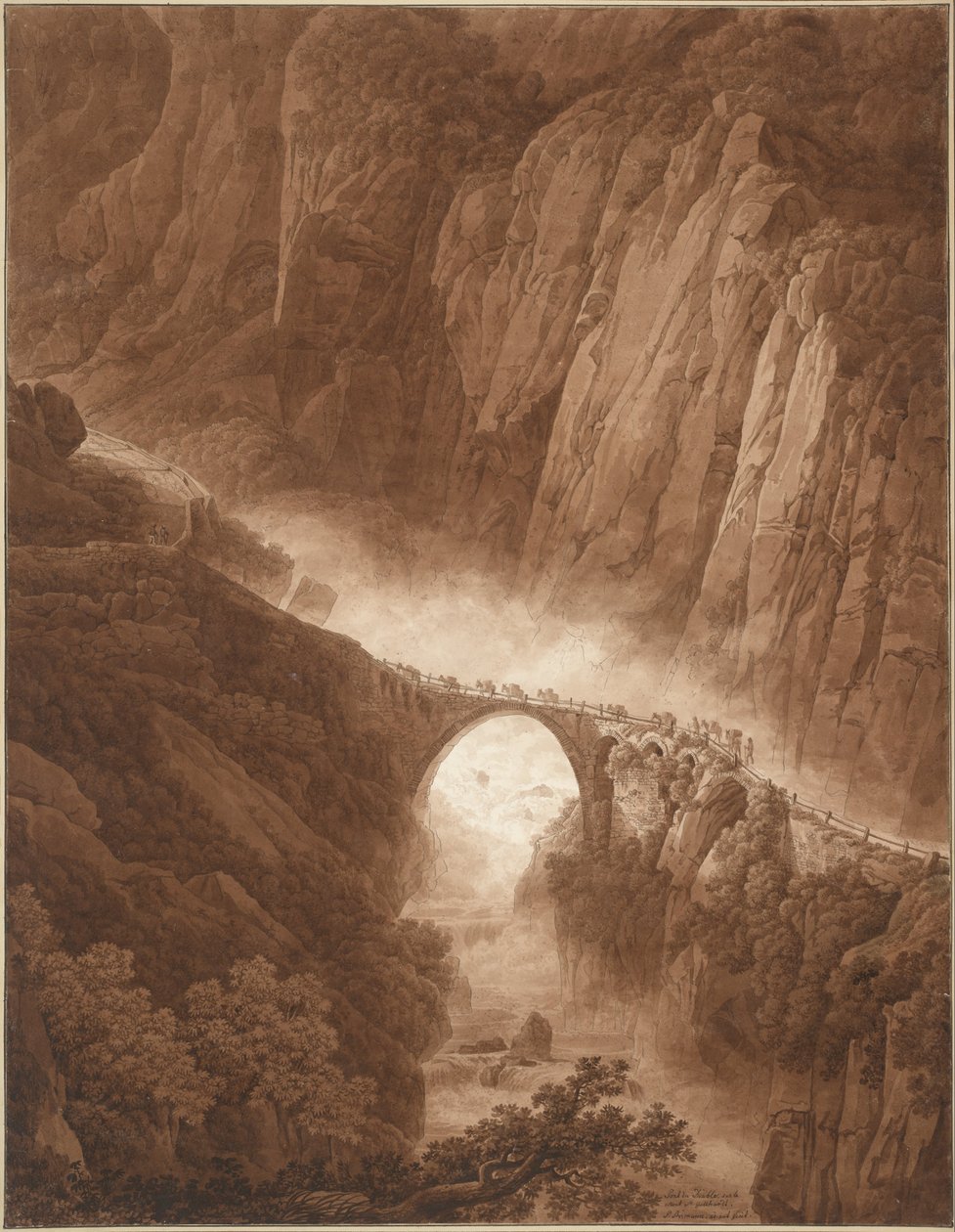 De Duivelsbrug in de Schöllenenschlucht op de Weg over de St. Gotthardpas met een Muilezelkaravaan door Peter Birmann