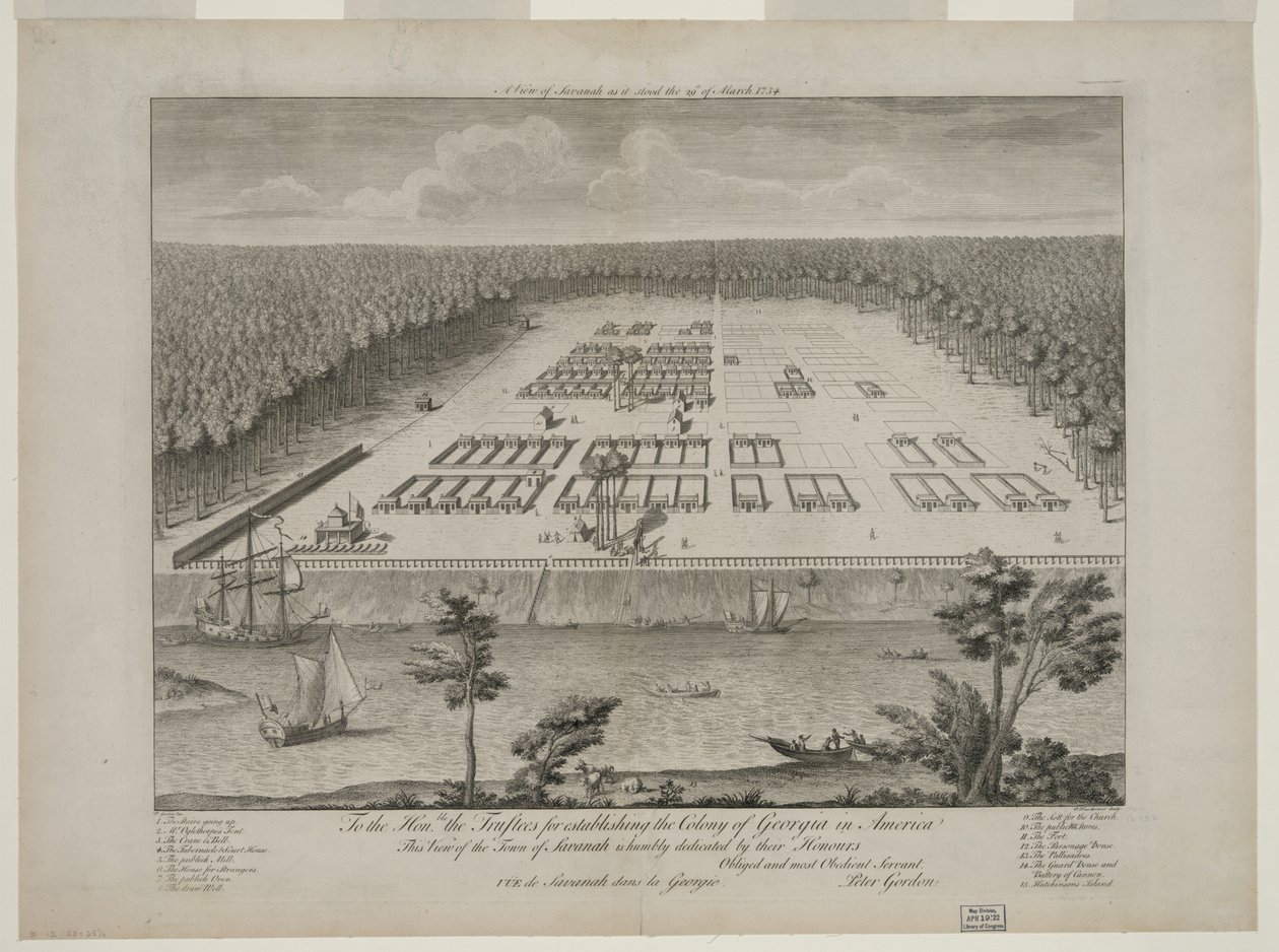 Een uitzicht op Savannah zoals het stond op 29 maart 1734, gegraveerd door P. Fourdrinier, Londen, c.1735 door Peter Gordon