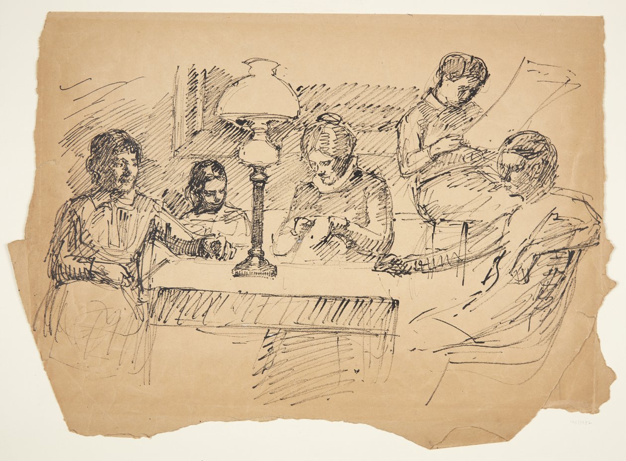 De familie van de kunstenaar zittend rond een tafel met een petroleumlamp door Peter Hansen