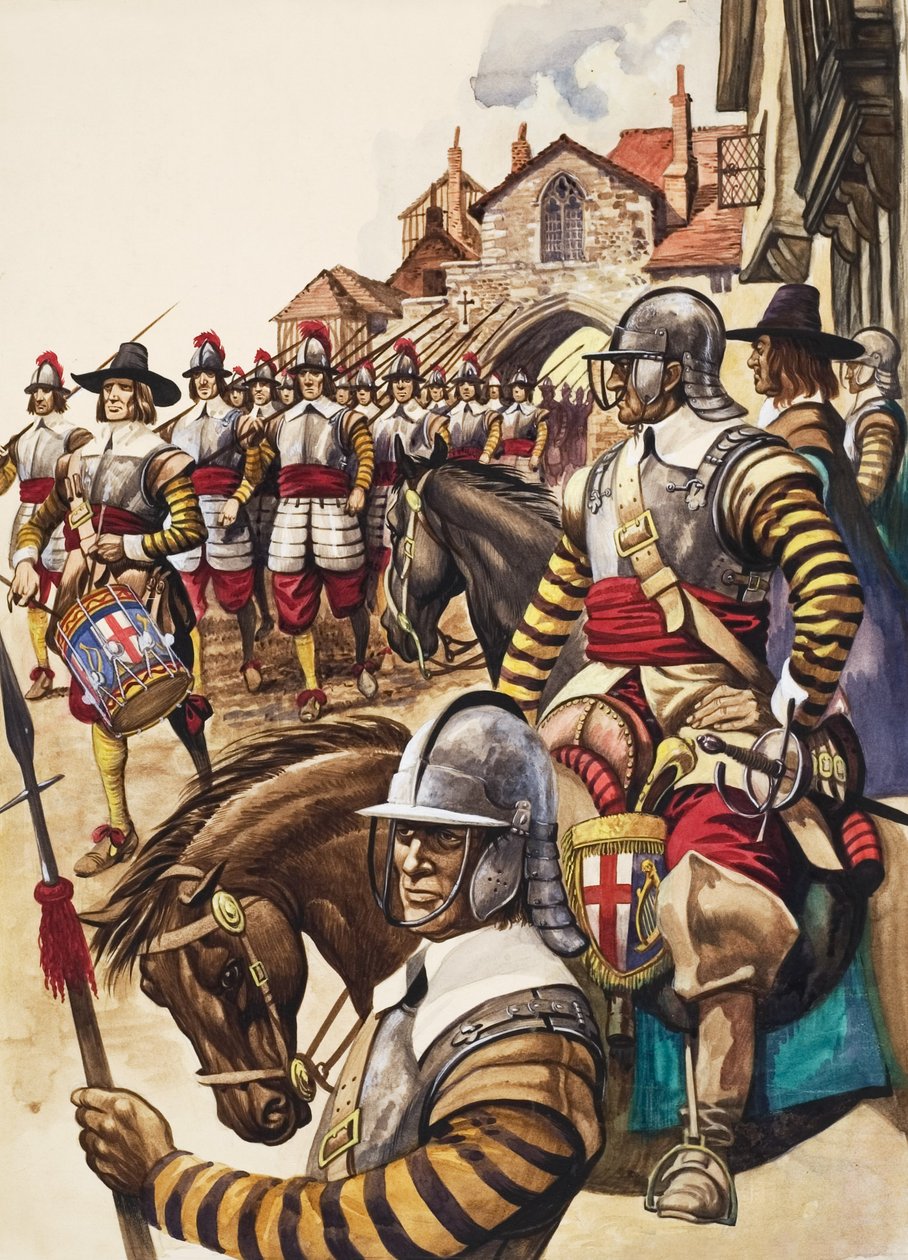 Een groep pikeurs van het New Model Army trekt ten strijde onder leiding van een trommelaar (gouache op papier) door Peter Jackson