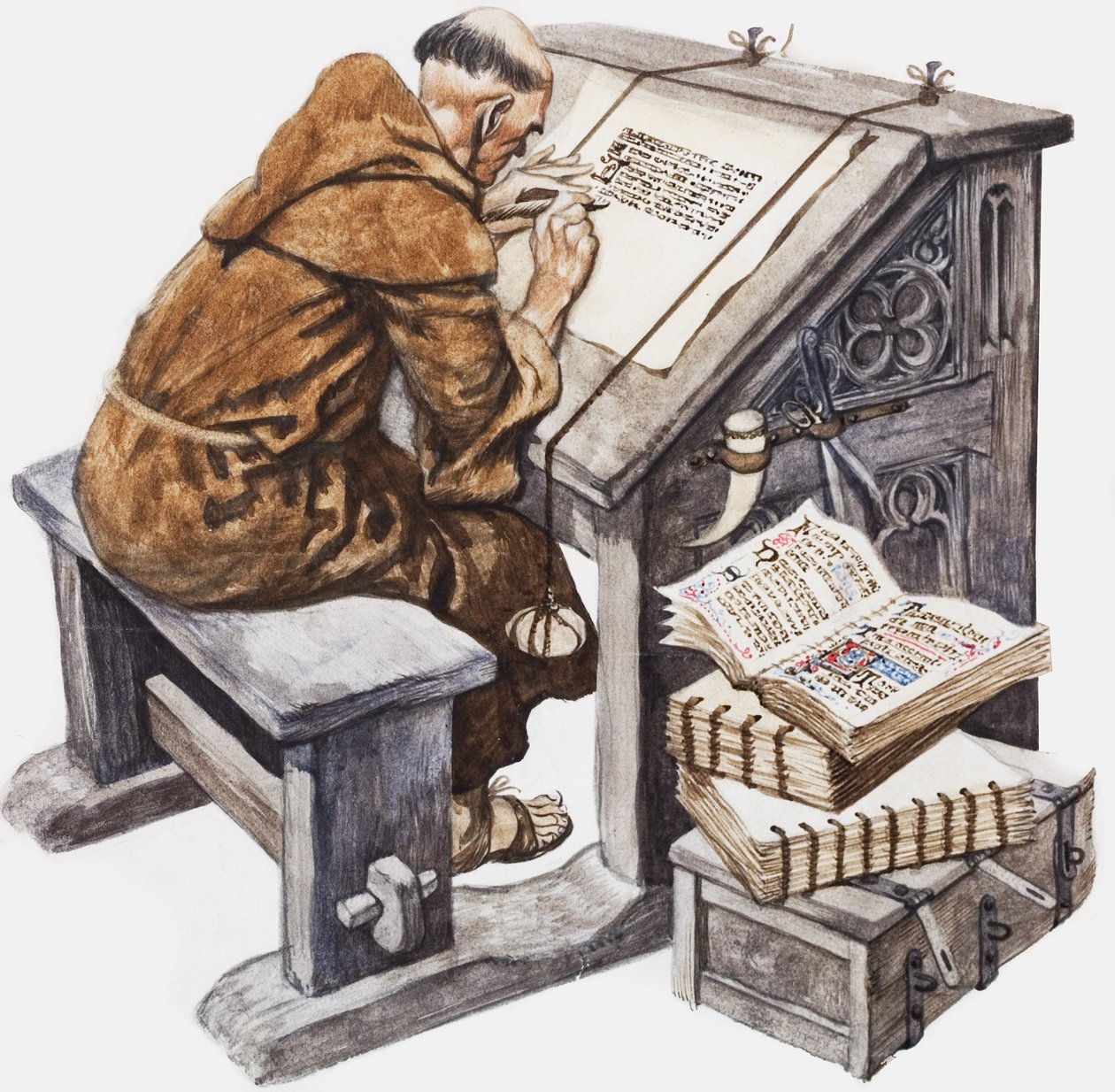 Een monnik aan zijn bureau in een scriptorium (gouache op papier) door Peter Jackson