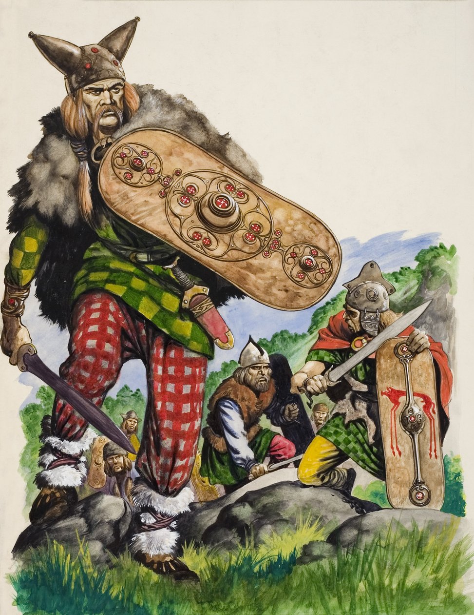 Keltische krijgers (gouache op papier) door Peter Jackson
