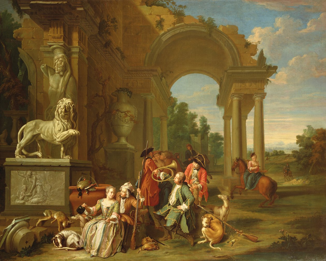 Een Jachtpartij in klassieke ruïnes door Peter Jacob Horemans
