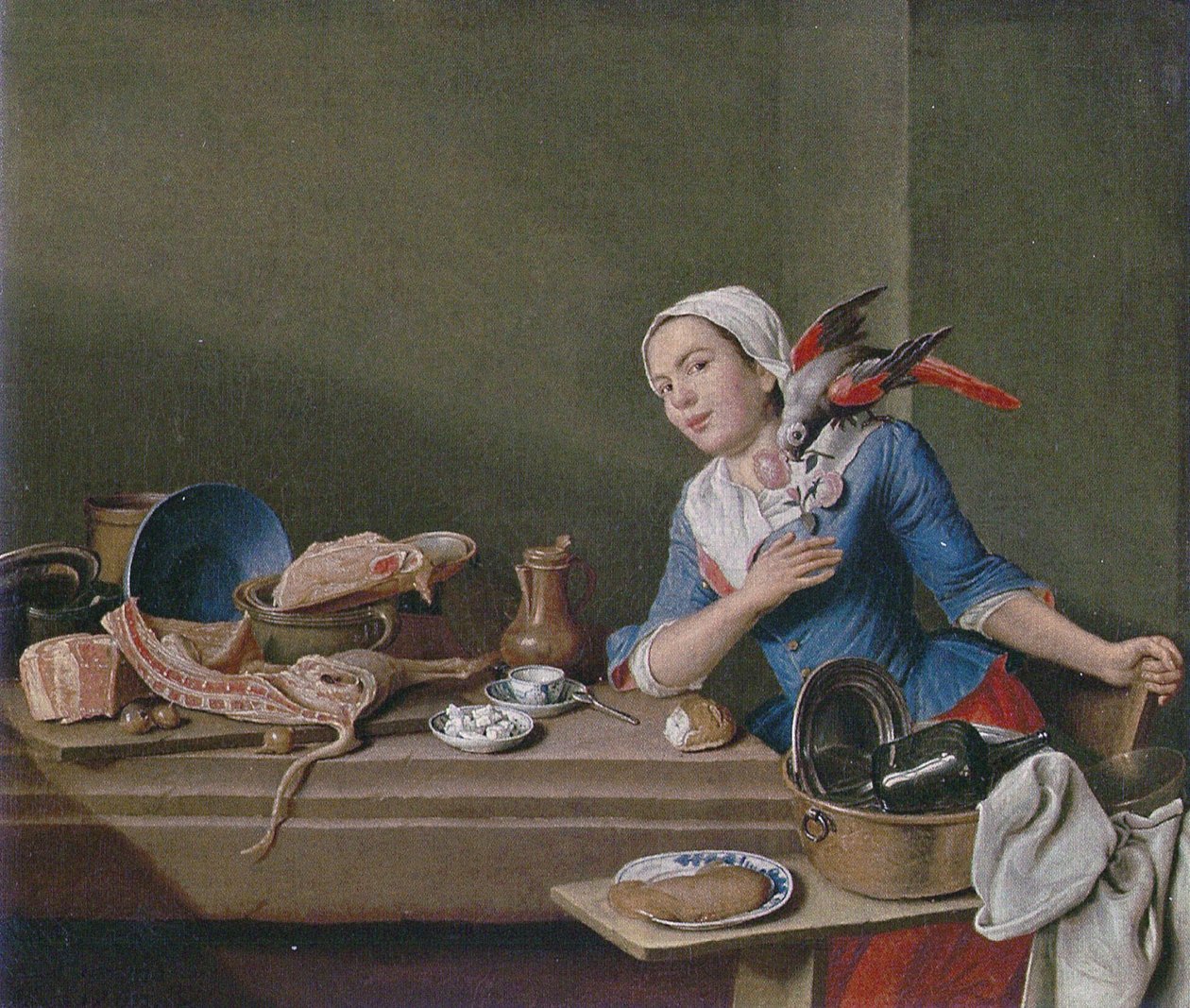 Keukenstilleven met vrouwenfiguur en papegaai (Het gevoel)
Alternatieve titel(s):

Het Gevoel door Peter Jacob Horemans