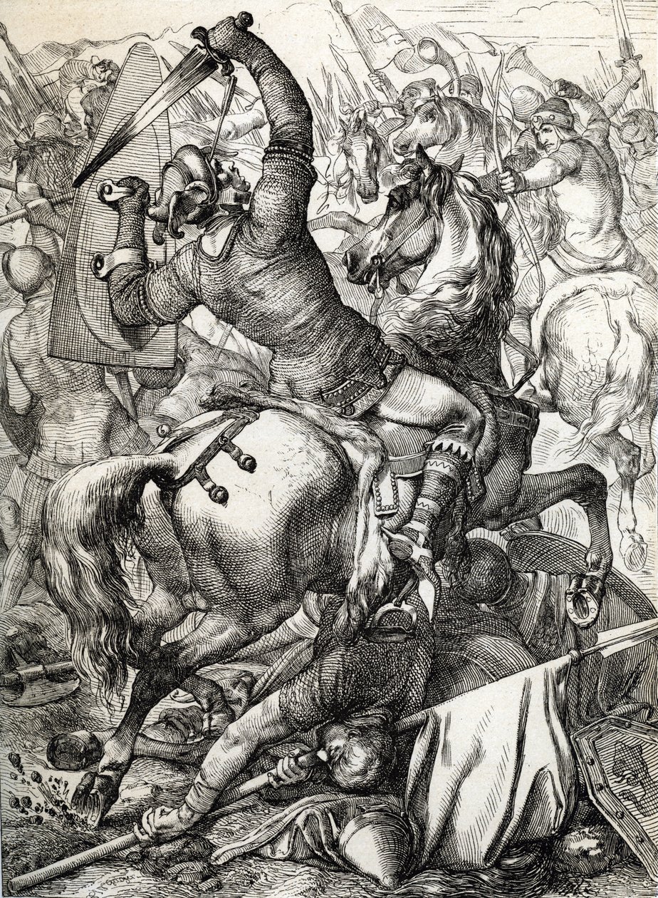 Slag bij Hastings gevochten op 14 oktober 1066 tussen het Normandisch-Franse leger van hertog Willem II van Normandië en een Engels leger onder de Angelsaksische koning Harold II, tijdens de Normandische verovering van Engeland door Peter Johann Nepomuck Geiger