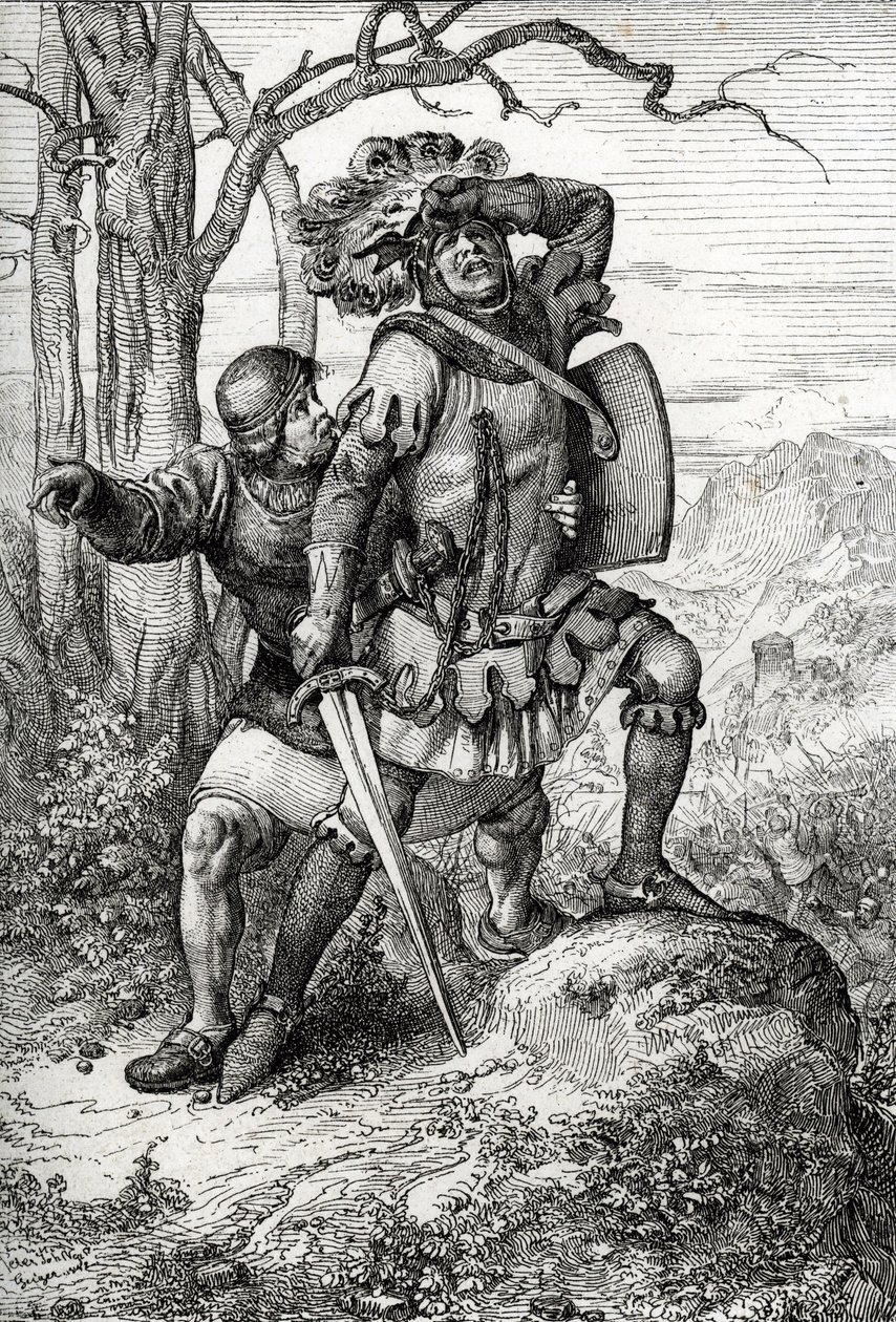 Hertog Leopold I van Oostenrijk, Heer van Habsburg gered door een van zijn metgezellen bij de Slag bij Morgarten op 15 november 1315 tegen de Zwitserse confederaten, Zwitserland door Peter Johann Nepomuck Geiger
