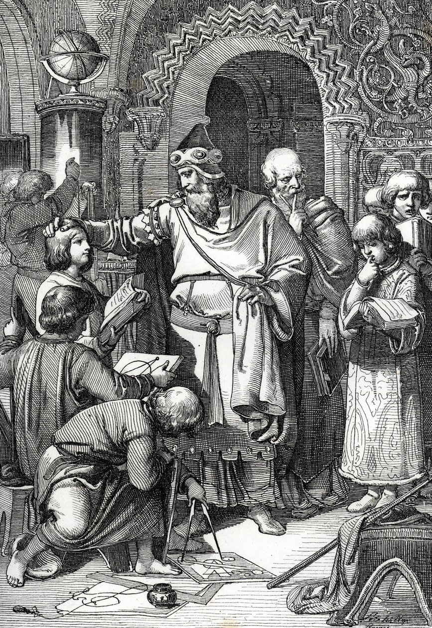 Keizer Karel de Grote, oprichter van de school, ontmoet kinderen door Peter Johann Nepomuck Geiger
