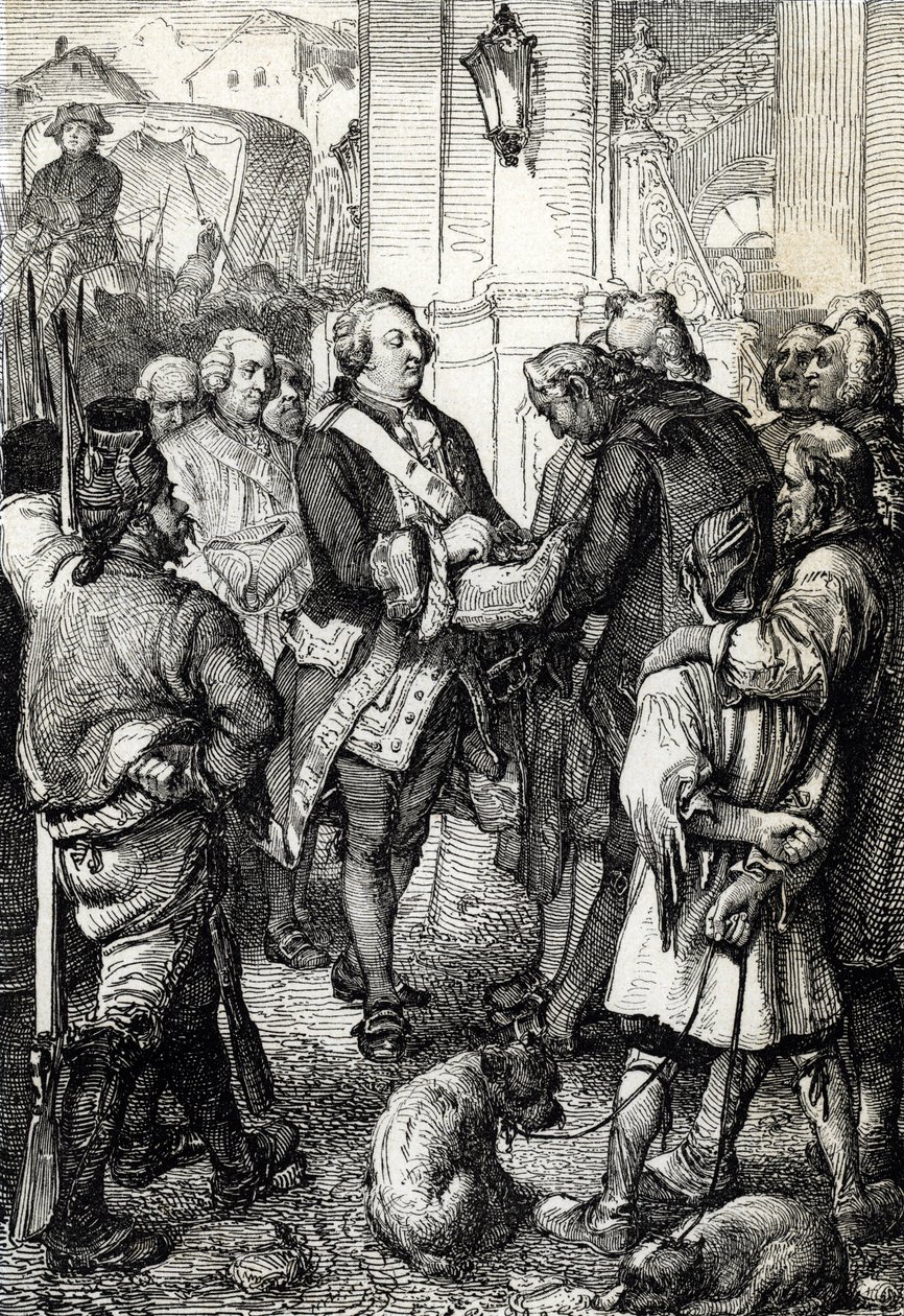 Franse Revolutie: Koning Lodewijk XVI ontvangt van de burgemeester van Parijs Jean-Sylvain Bailly de driekleurige kokarde door Peter Johann Nepomuck Geiger