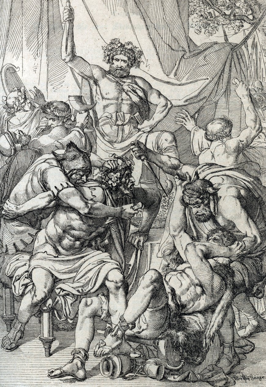 Heptarchie: voorstelling van de Angelsaksische leider Hengist (5e eeuw) die zijn vijanden doodt om het koninkrijk Kent te stichten, circa 461 (tekening met veer) door Peter Johann Nepomuck Geiger