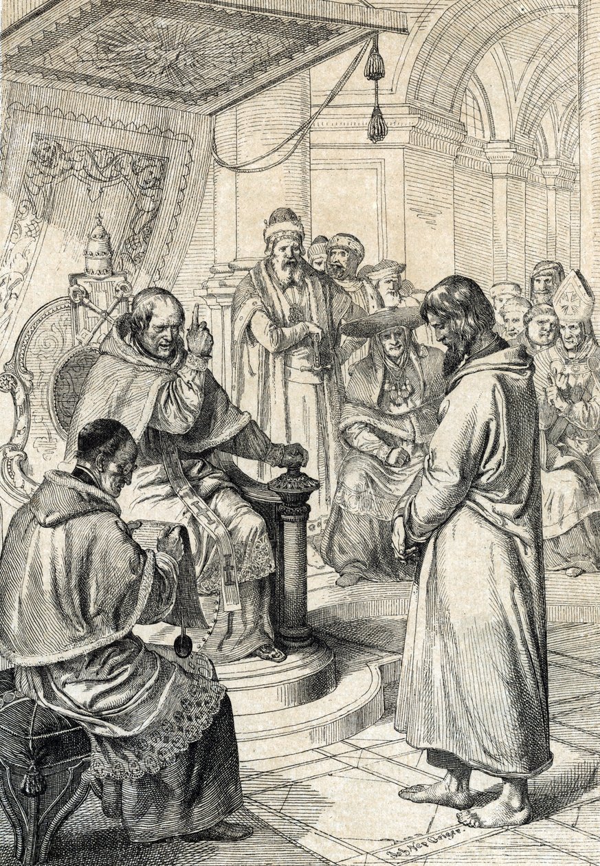 Queril van de investituren, boetedoening van Canossa: In Canossa smeekt keizer Hendrik IV van het Heilige Roomse Rijk in boetekleed om vergeving van paus Gregorius VII (januari 1077) door Peter Johann Nepomuck Geiger