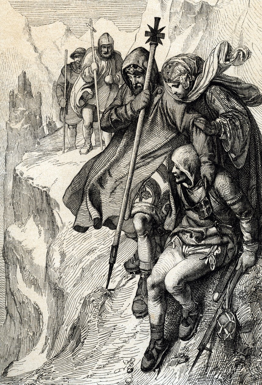 De koning van de Romeinen Hendrik IV passeert de pas van de Mont Cenis om de Alpen over te steken en naar de gravin Mathilde van Toscane te gaan in Canossa waar paus Gregorius VII, januari 1077 door Peter Johann Nepomuck Geiger