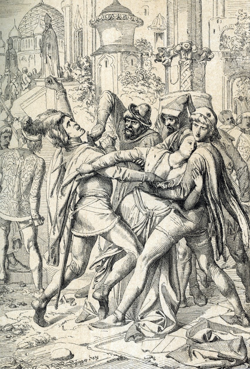 De Siciliaanse vespers (Vespri siciliani) volksopstand van het eiland Sicilië tegen de feodale overheersing van de Franse koning Karel van Anjou, die plaatsvond in Palermo en Corleone, 31/03/1282, Paaszaterdag door Peter Johann Nepomuck Geiger