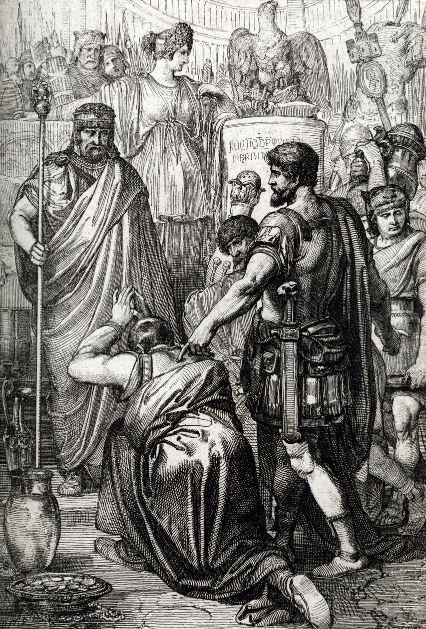 Vandalenoorlog: De overgave van de koning van de Vandalen Gelimer knielt voor de Byzantijnse generaal Belisarius (500-565) in maart 534, Carthago, Afrika door Peter Johann Nepomuck Geiger