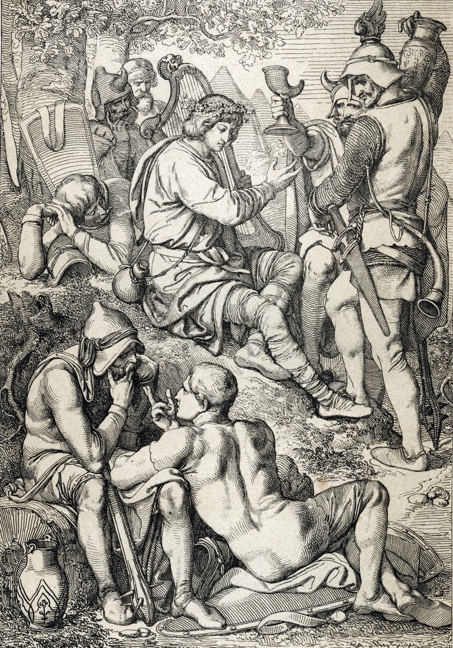 Oorlog tegen de Vikingen: De koning van Wessex Alfred I de Grote (846-899) vermomd als harpist betreedt het kamp van Guthrum om zijn strijdplannen te ontdekken, Somerset 878 door Peter Johann Nepomuck Geiger
