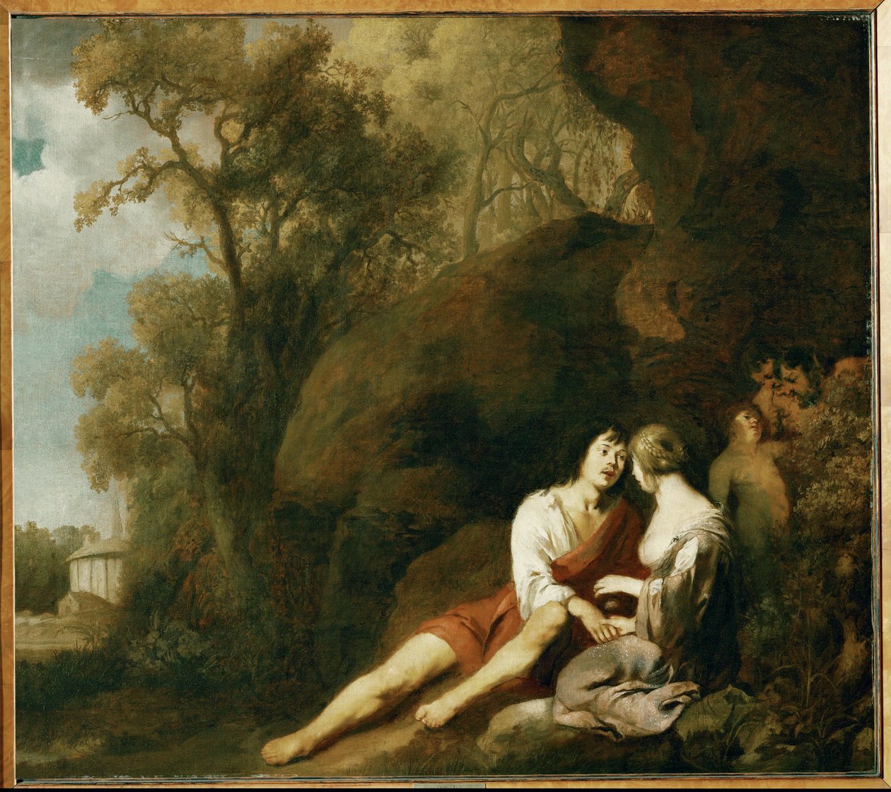 Geliefden in een landschap (schilderij op doek) door Peter Lely