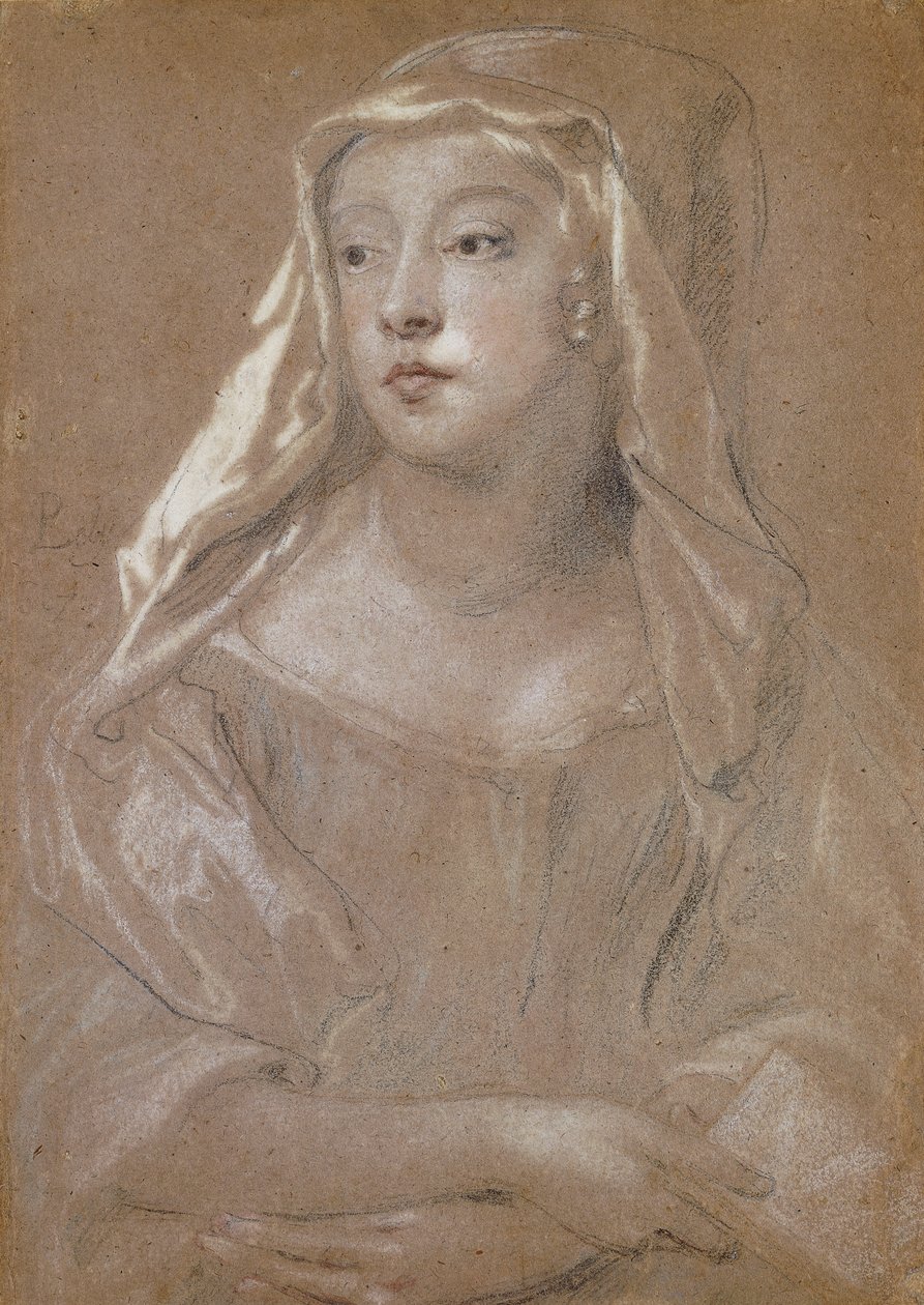 Portret van een jonge dame, traditioneel geïdentificeerd als Sarah Jennings, hertogin van Marlborough, halflang, met een boek, haar handen gekruist op haar schoot, haar hoofddoek gedrapeerd op haar schouders, 1667 door Peter Lely