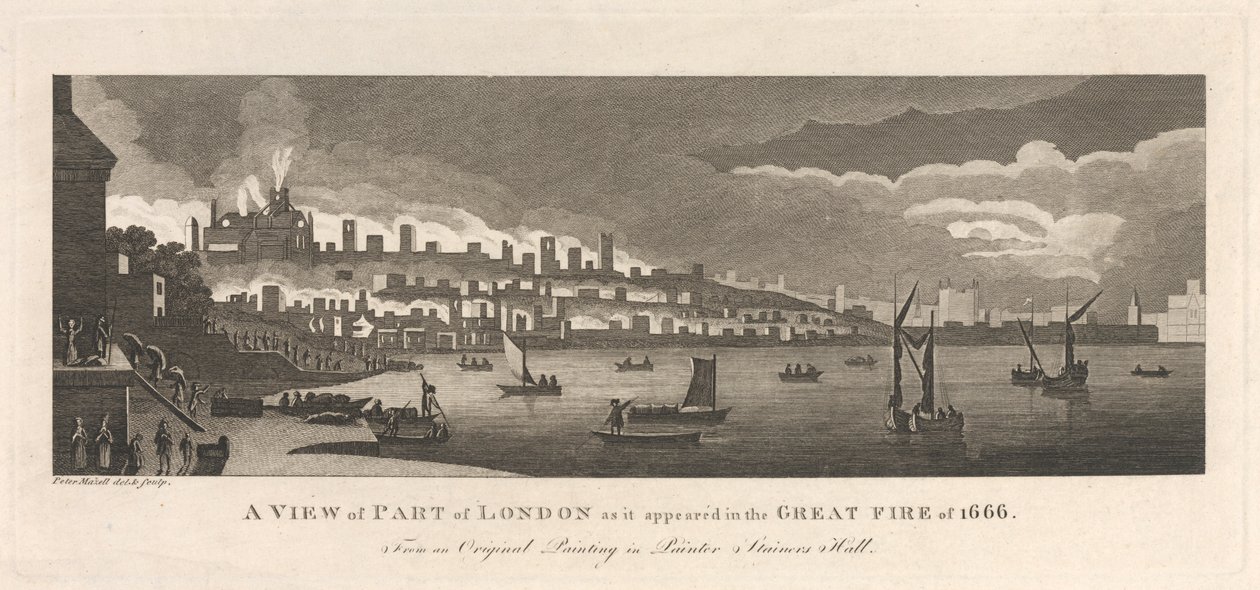 Een uitzicht op een deel van Londen zoals het verscheen tijdens de Grote Brand van 1666 door Peter Mazell