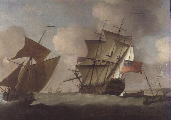 Een derde rang die zich bij haar squadron voegt bij Elizabeth Castle, Jersey door Peter Monamy