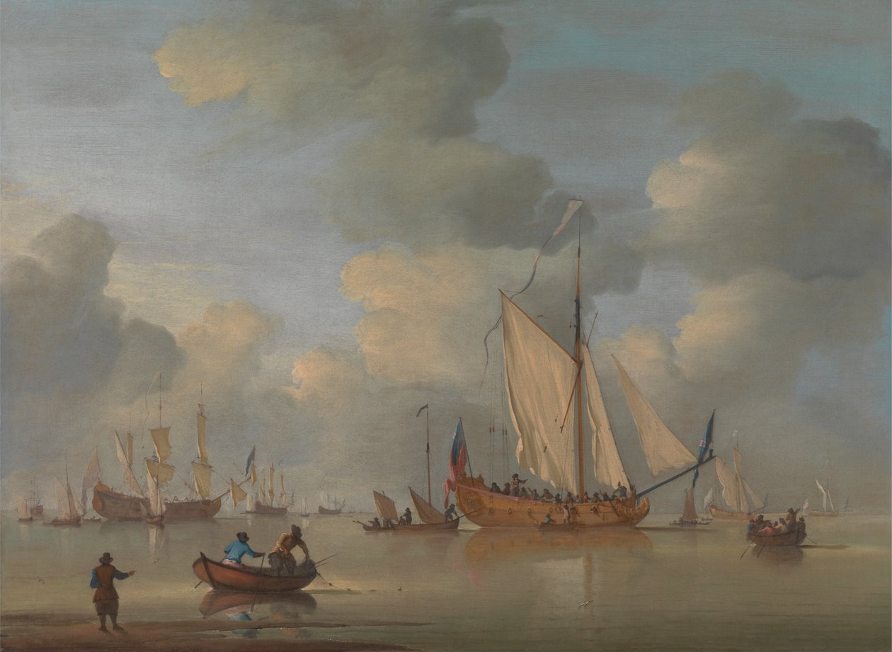 Een Engels Koninklijk Jacht voor de Kust in een Kalmte door Peter Monamy
