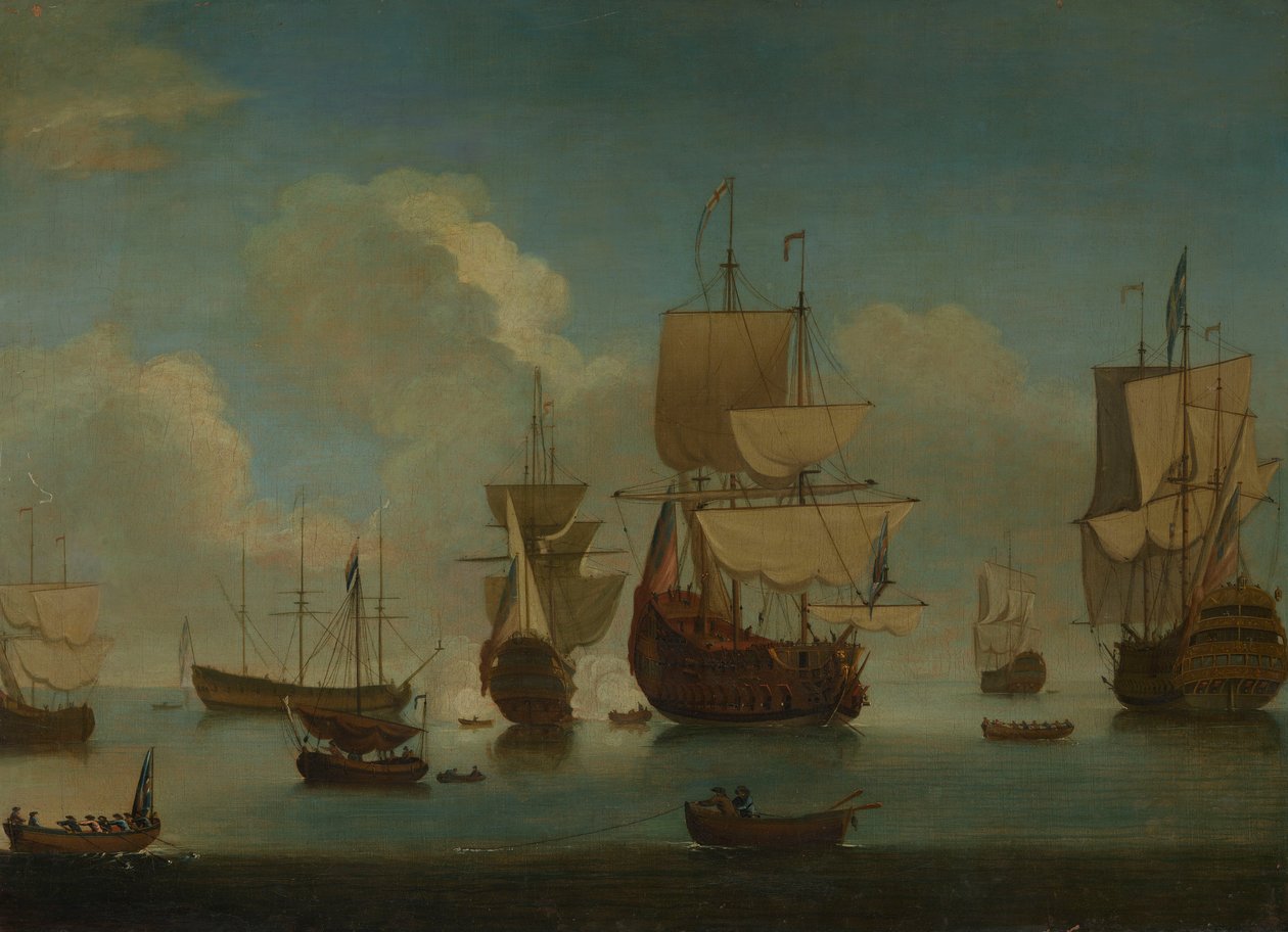 Engelse oorlogsschepen voor anker in een kalme zee, begin 18e eeuw door Peter Monamy