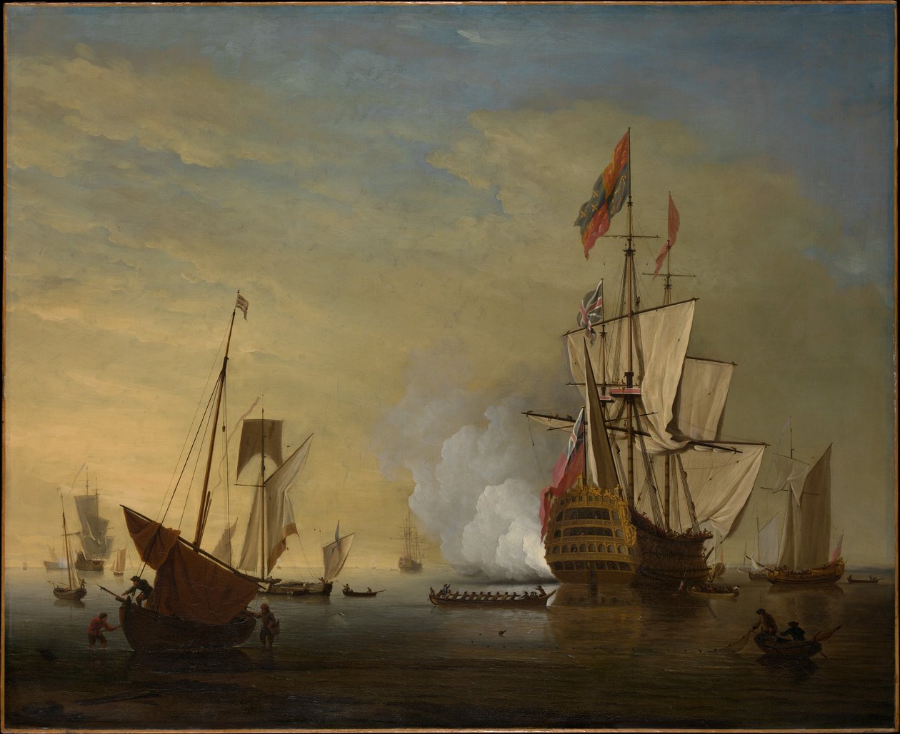Havenscène: een Engels schip met losgemaakte zeilen vuurt een kanon af door Peter Monamy