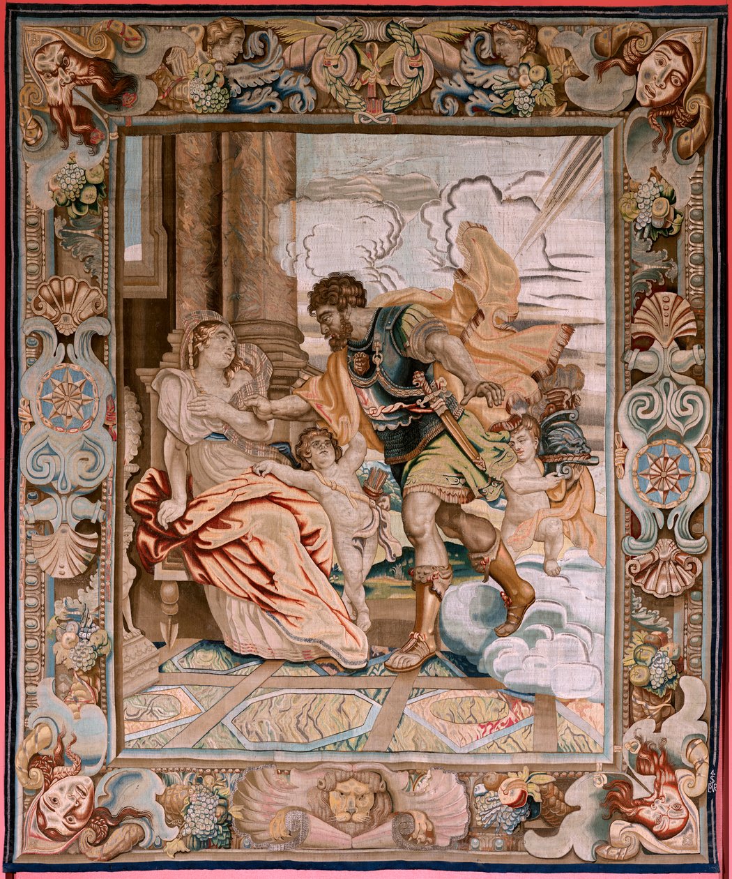 Vlaamse wandtapijt. Serie Geschiedenis van de consul Decius Mus. Mars verschijnt aan Rhea Silvia (Aparición de Marte a Rea Silvia). Achtste wandtapijt in de serie. Model P P Rubens. Fabriek Jan Raes II, Brussel. Ca1620-1629. Stof Goud, zilver, zijde en wol door Peter Paul (after) Rubens